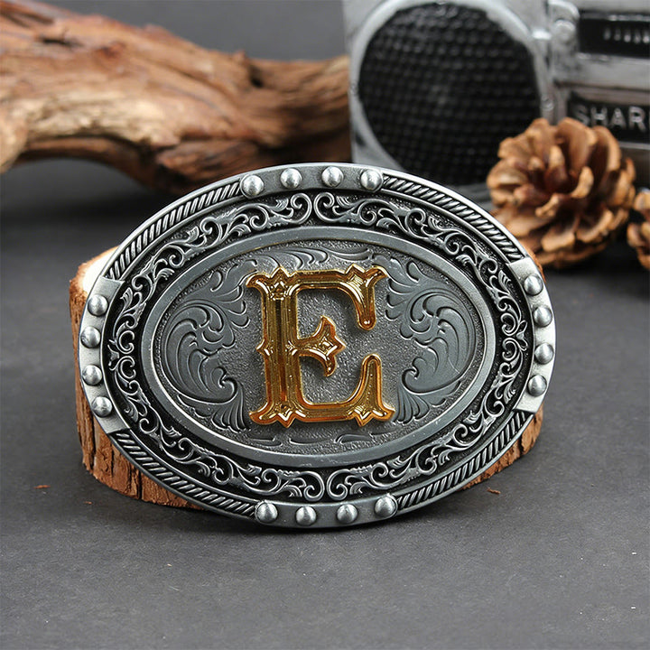 Men's Silver Black Oval Golden Letter Buckle Leather Belt - E - Without Belt - image 12