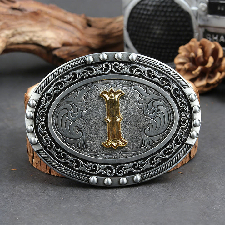 Men's Silver Black Oval Golden Letter Buckle Leather Belt - I - Without Belt - image 16