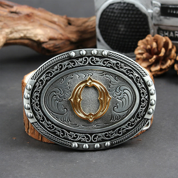 Men's Silver Black Oval Golden Letter Buckle Leather Belt - O - Without Belt - image 22