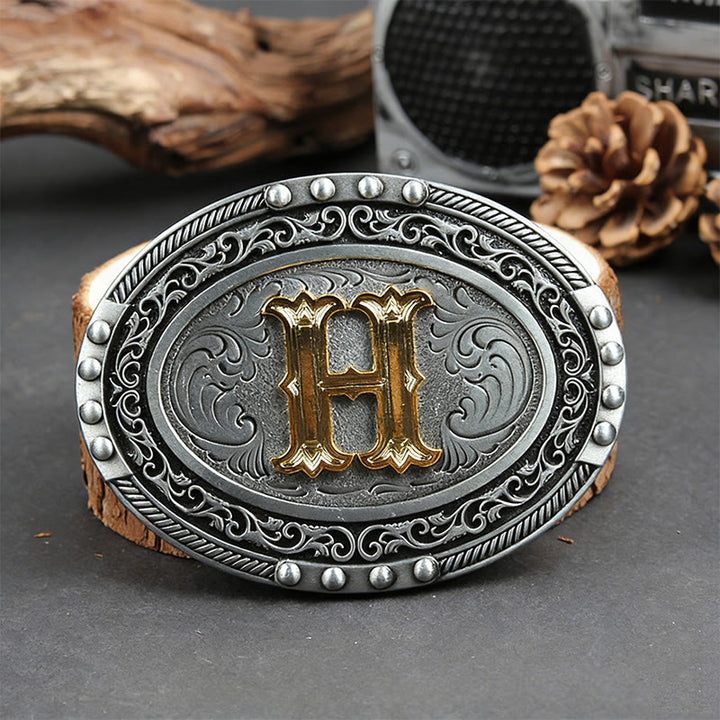Men's Silver Black Oval Golden Letter Buckle Leather Belt - H - Without Belt - image 15