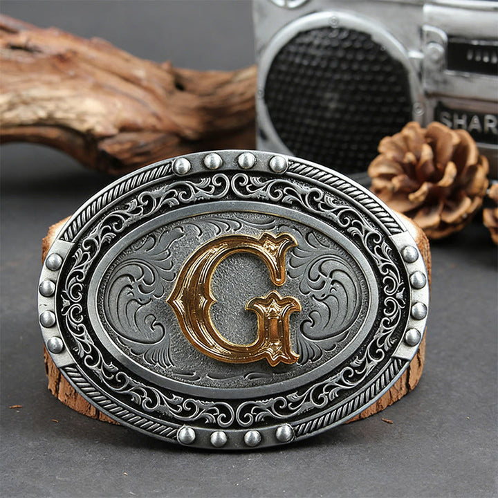 Men's Silver Black Oval Golden Letter Buckle Leather Belt - G - Without Belt - image 14