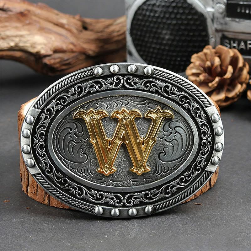 Men's Silver Black Oval Golden Letter Buckle Leather Belt - W - Without Belt - image 30