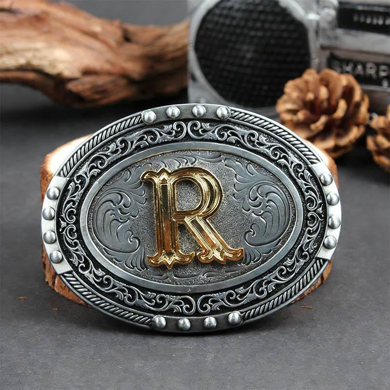 Men's Silver Black Oval Golden Letter Buckle Leather Belt - R - Without Belt - image 25