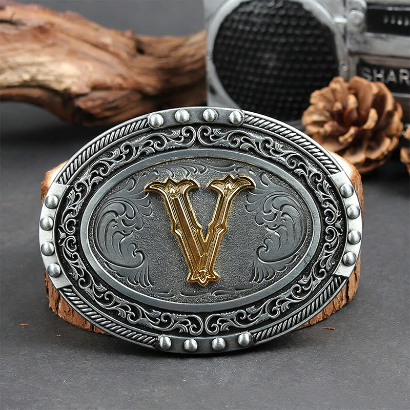Men's Silver Black Oval Golden Letter Buckle Leather Belt - V - Without Belt - image 29