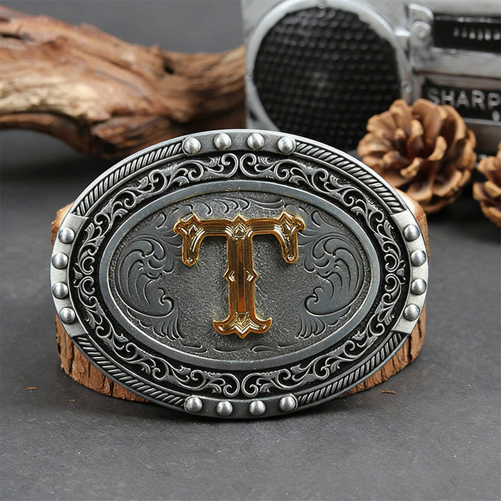 Men's Silver Black Oval Golden Letter Buckle Leather Belt - T - Without Belt - image 27