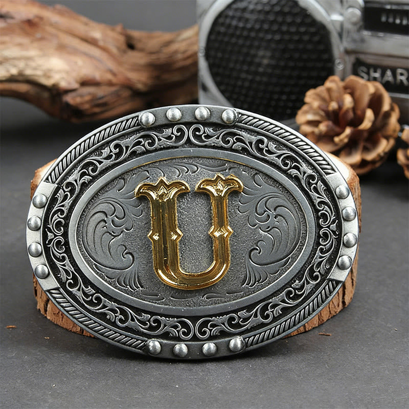 Men's Silver Black Oval Golden Letter Buckle Leather Belt - U - Without Belt - image 28