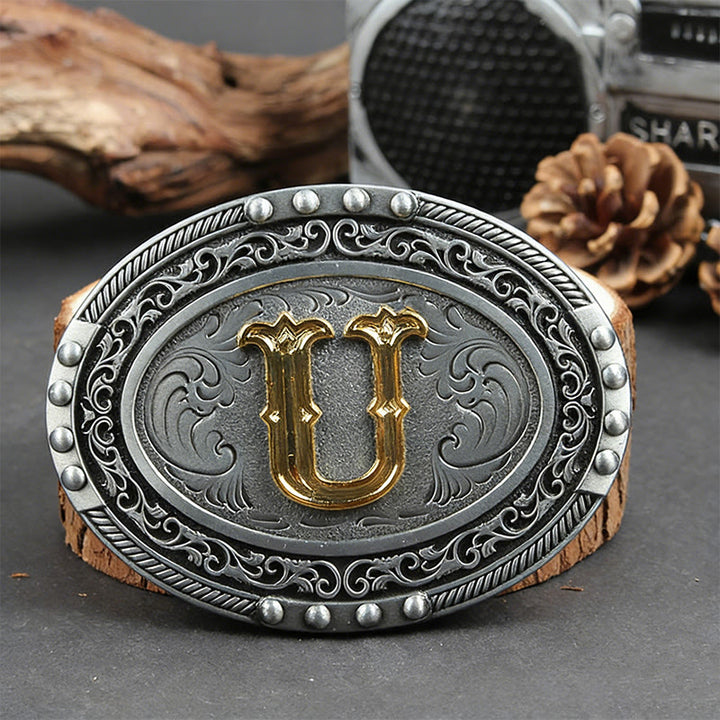 Men's Silver Black Oval Golden Letter Buckle Leather Belt - U - Without Belt - image 28