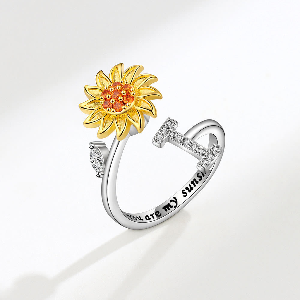 Anxiery Rotating Sunflower Initial Letter Adjustable Ring - I - image 9