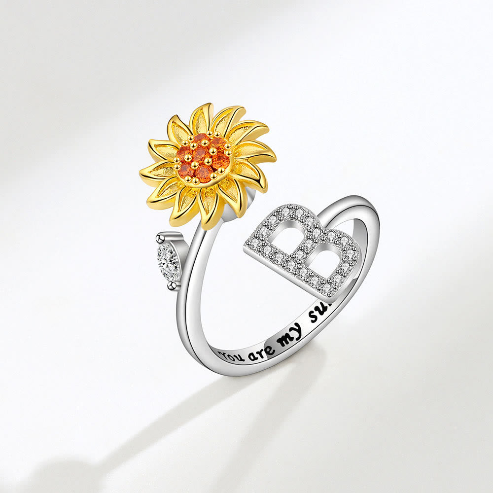 Anxiery Rotating Sunflower Initial Letter Adjustable Ring - B - image 2