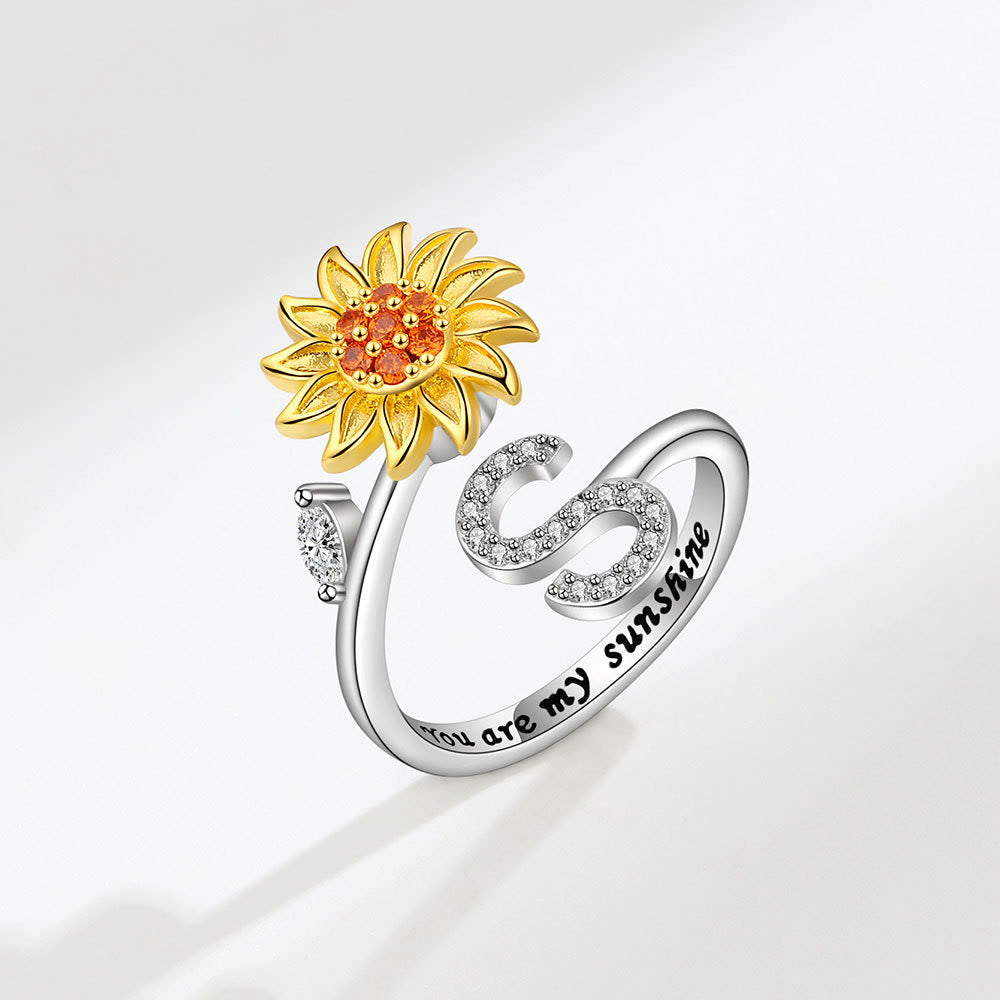 Anxiery Rotating Sunflower Initial Letter Adjustable Ring - S - image 19