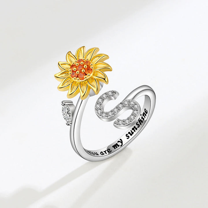 Anxiery Rotating Sunflower Initial Letter Adjustable Ring - S - image 19