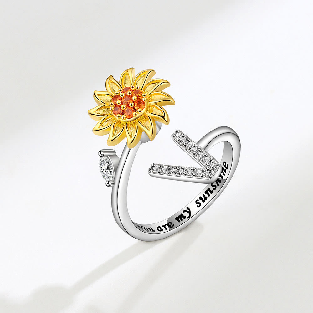 Anxiery Rotating Sunflower Initial Letter Adjustable Ring - V - image 22
