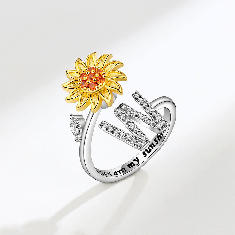 Anxiery Rotating Sunflower Initial Letter Adjustable Ring - W - image 23