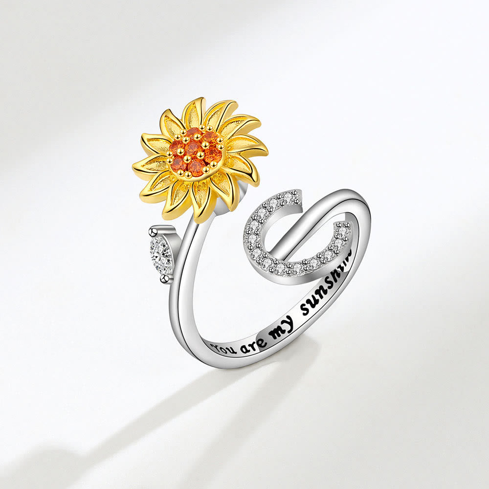 Anxiery Rotating Sunflower Initial Letter Adjustable Ring - C - image 3