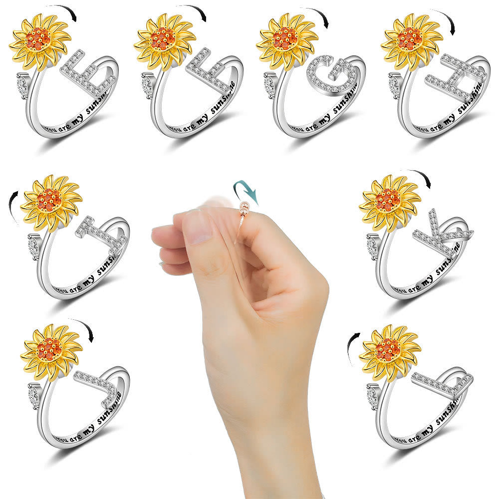 Anxiery Rotating Sunflower Initial Letter Adjustable Ring - image 1