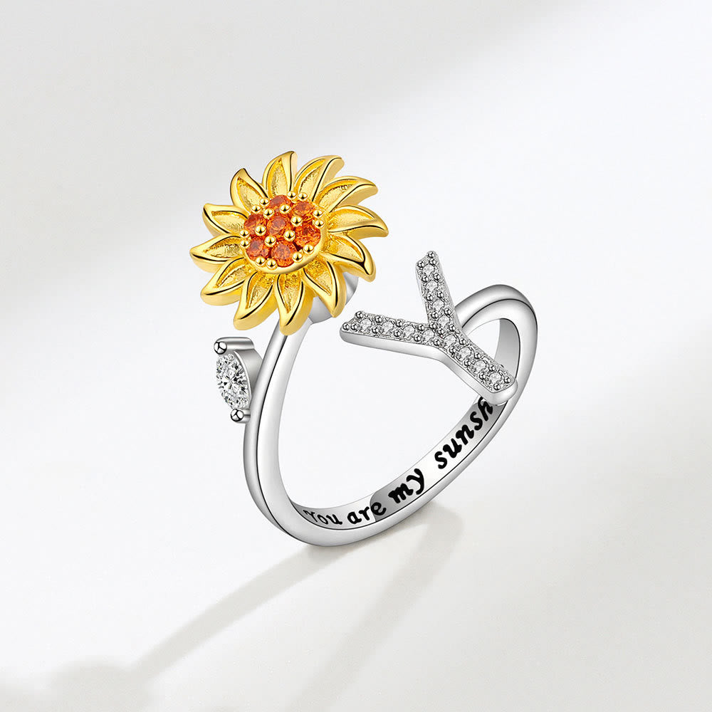 Anxiery Rotating Sunflower Initial Letter Adjustable Ring - Y - image 25