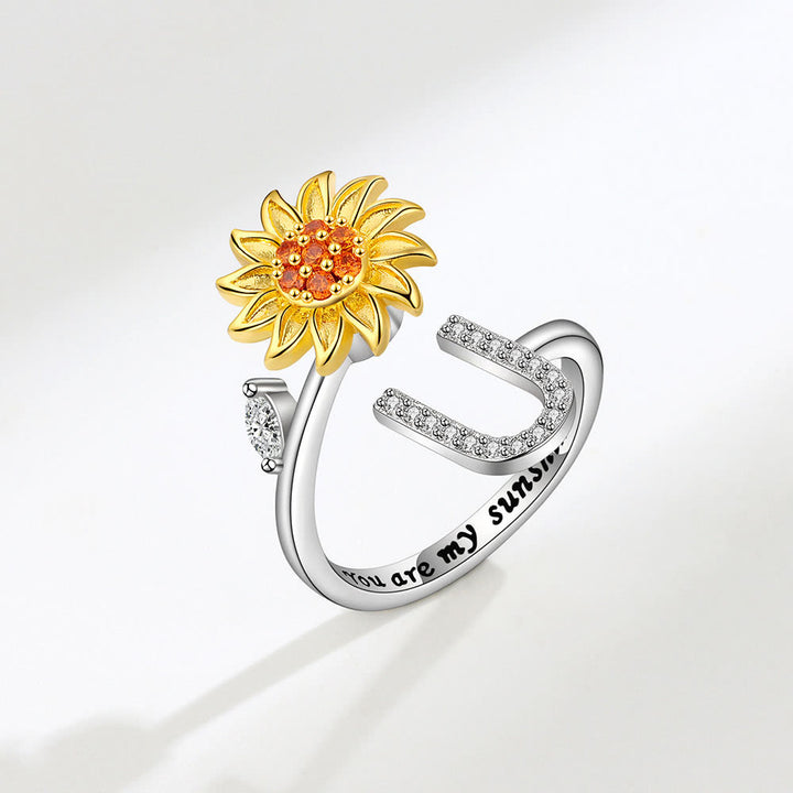 Anxiery Rotating Sunflower Initial Letter Adjustable Ring - U - image 21
