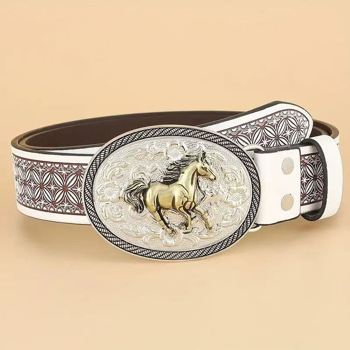 Vintage Gold Horse-Carved Buckle Geometric Dark-Trim Leather Belt - Silver - 42 - image 0