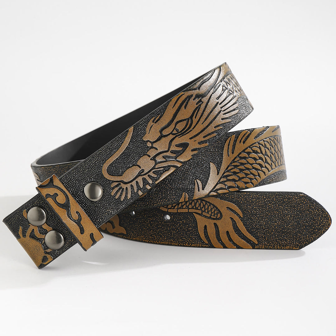 Engraved Dragon Pattern DIY Leather Belt Strap Without Belt Buckle - For Plate Buckle - Sandy Brown - 44 - image 4