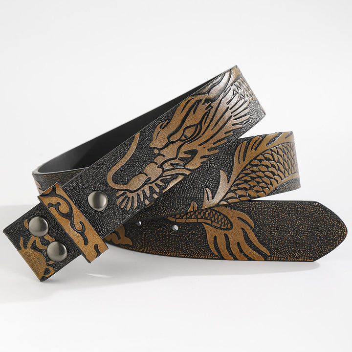 Engraved Dragon Pattern DIY Leather Belt Strap Without Belt Buckle - For Plate Buckle - Sandy Brown - 44 - image 4