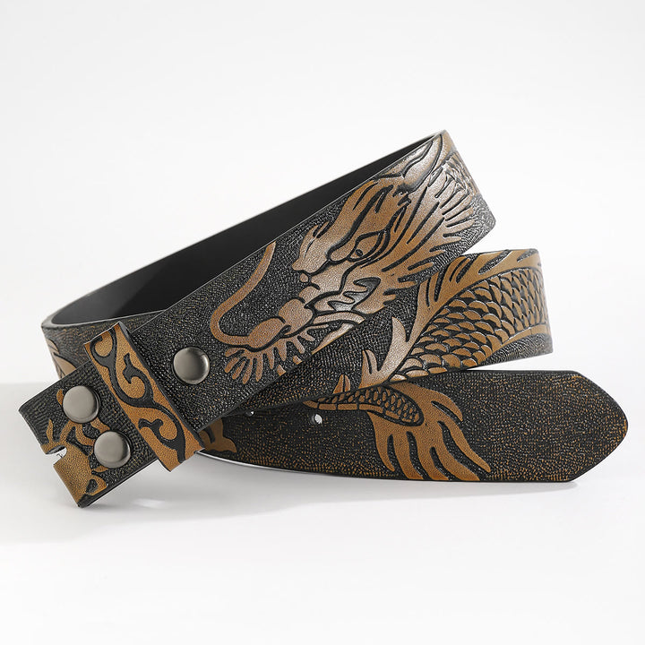 Engraved Dragon Pattern DIY Leather Belt Strap Without Belt Buckle - For Pin Buckle - Sandy Brown - 44 - image 1