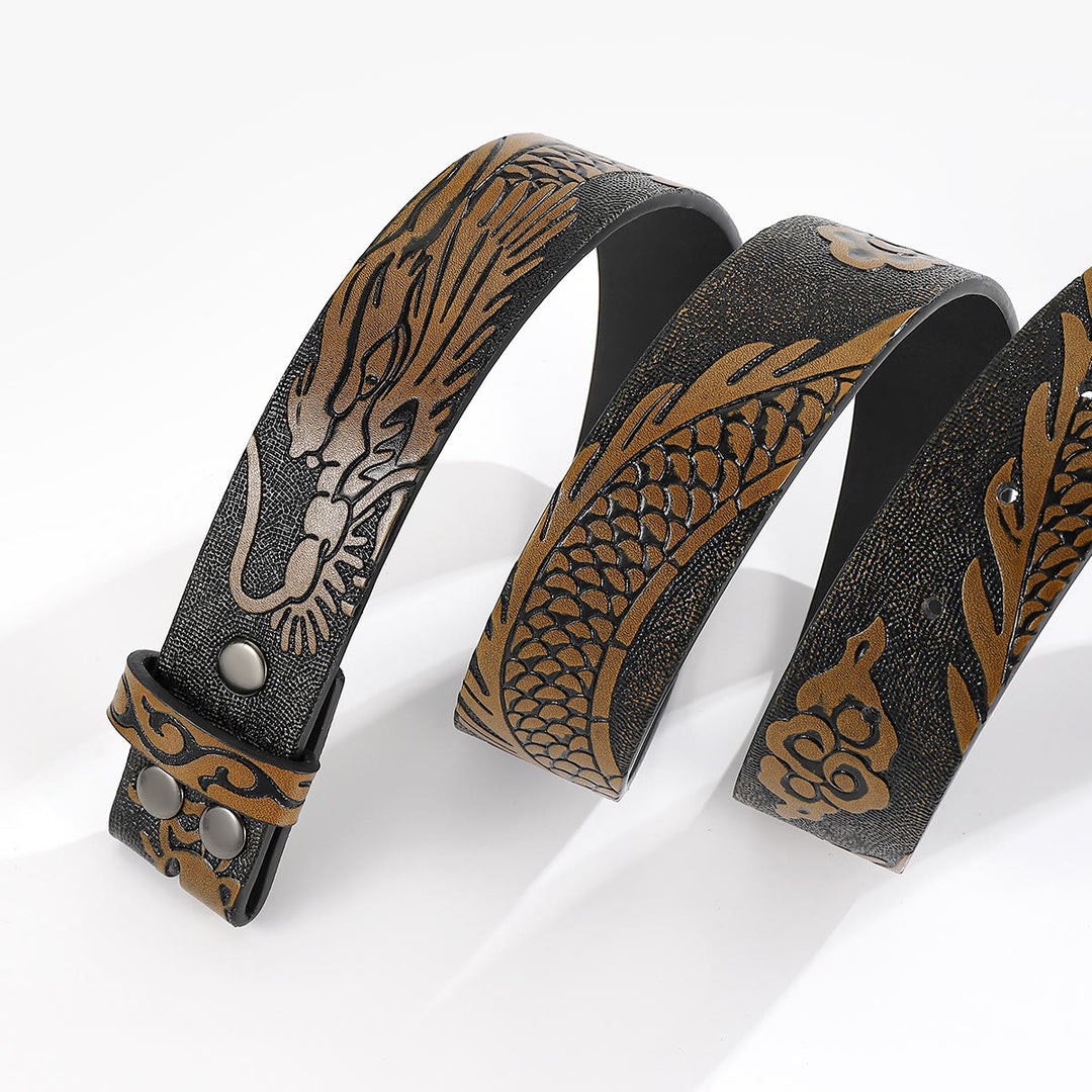 Engraved Dragon Pattern DIY Leather Belt Strap Without Belt Buckle - image 2