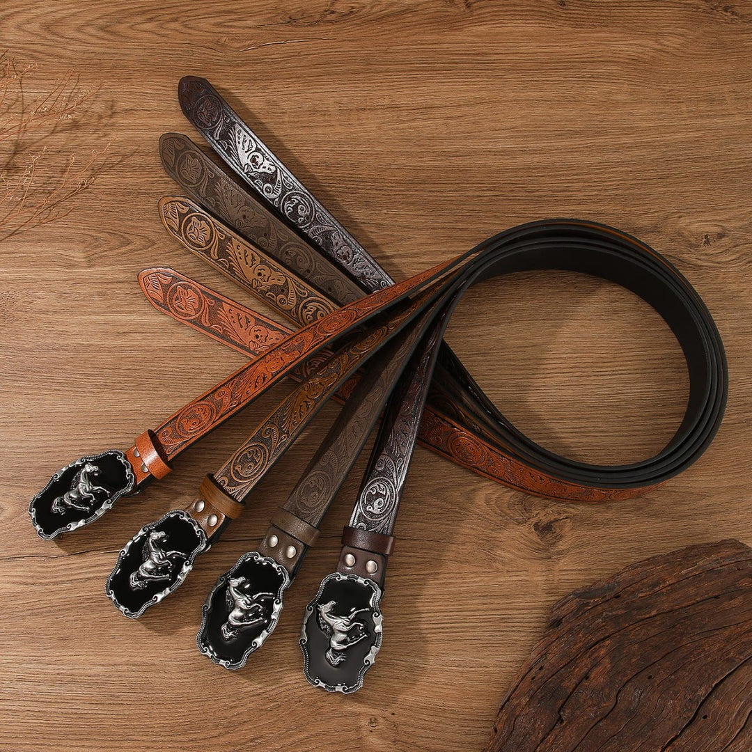 Retro Horse Embellished Buckle Patterned Multi Color Holeless Leather Belt - image 0