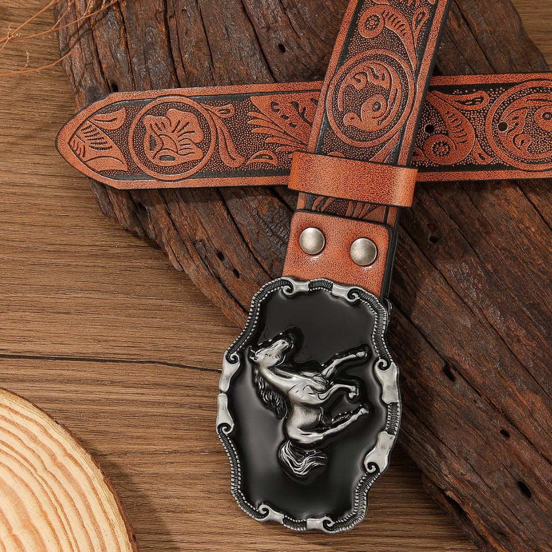 Retro Horse Embellished Buckle Patterned Multi Color Holeless Leather Belt - Chocolate Brown - 44 - image 4