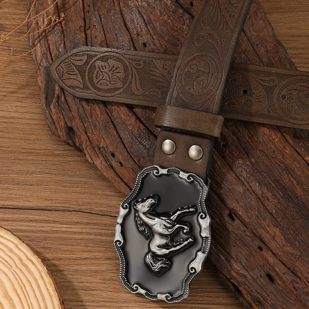 Retro Horse Embellished Buckle Patterned Multi Color Holeless Leather Belt - Dark Khaki - 44 - image 5