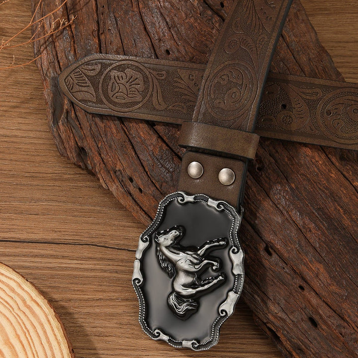 Retro Horse Embellished Buckle Patterned Multi Color Holeless Leather Belt - Dark Khaki - 44 - image 5
