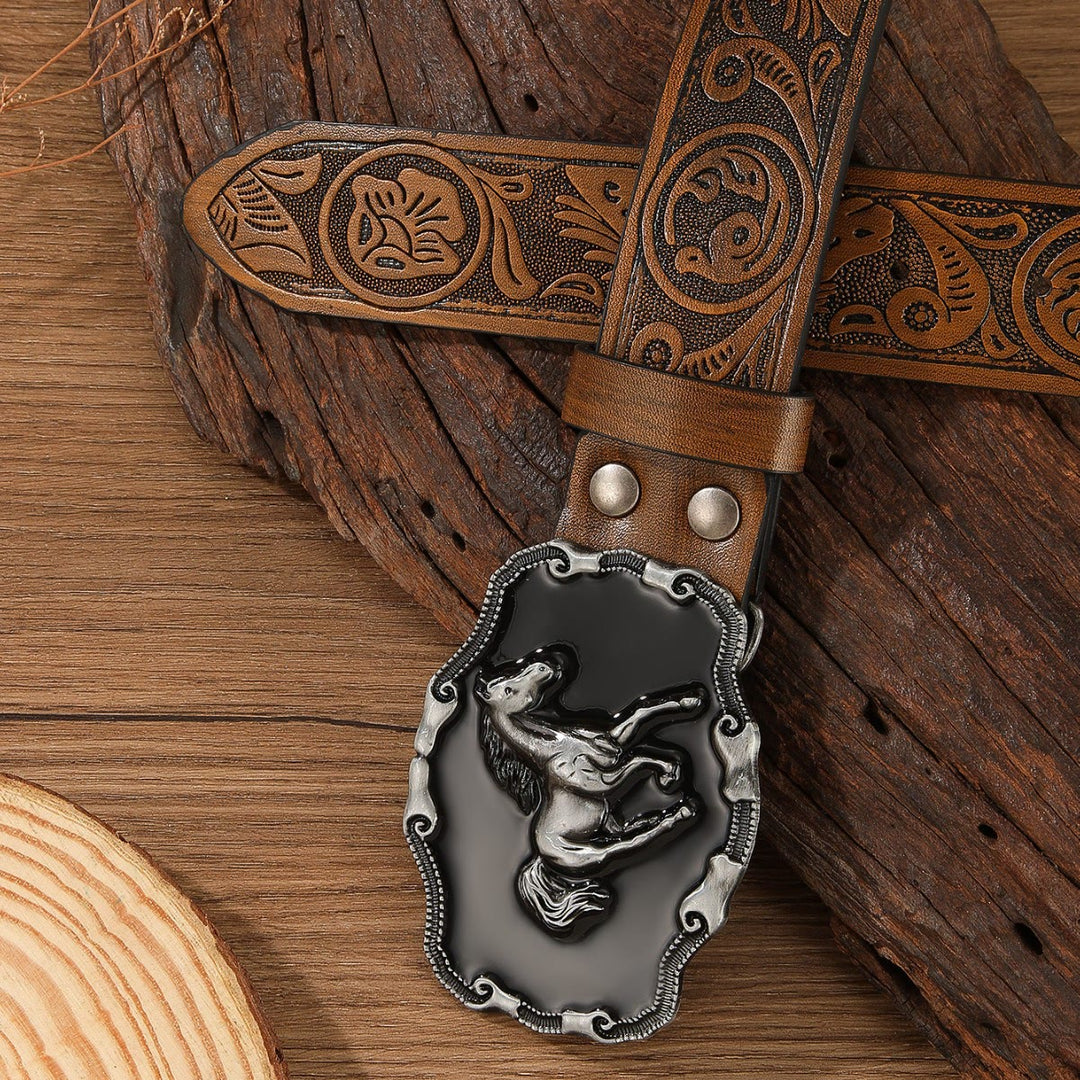 Retro Horse Embellished Buckle Patterned Multi Color Holeless Leather Belt - Caramel Color - 44 - image 3