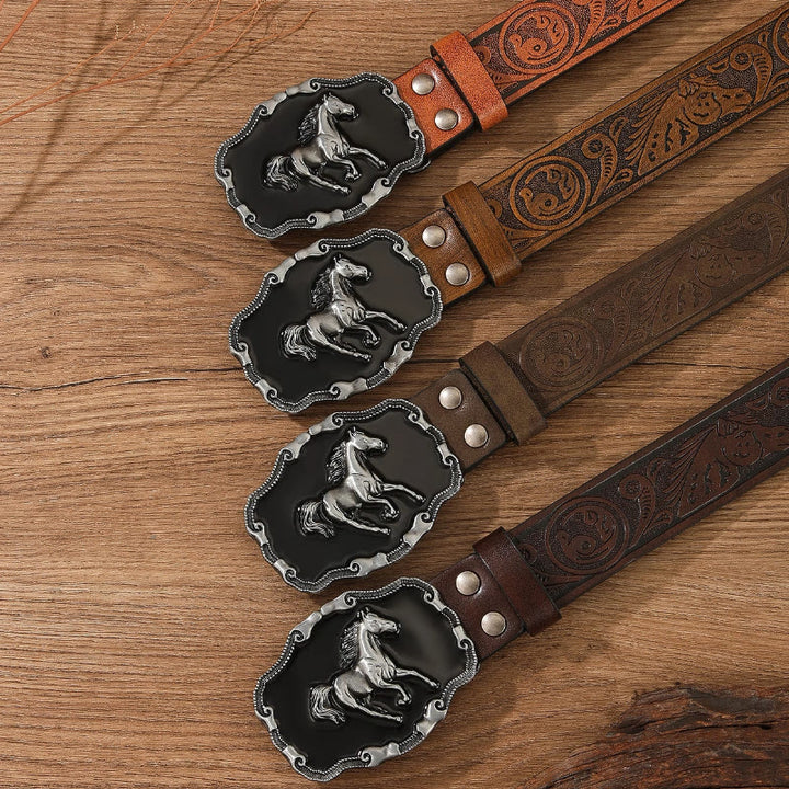 Retro Horse Embellished Buckle Patterned Multi Color Holeless Leather Belt - image 1