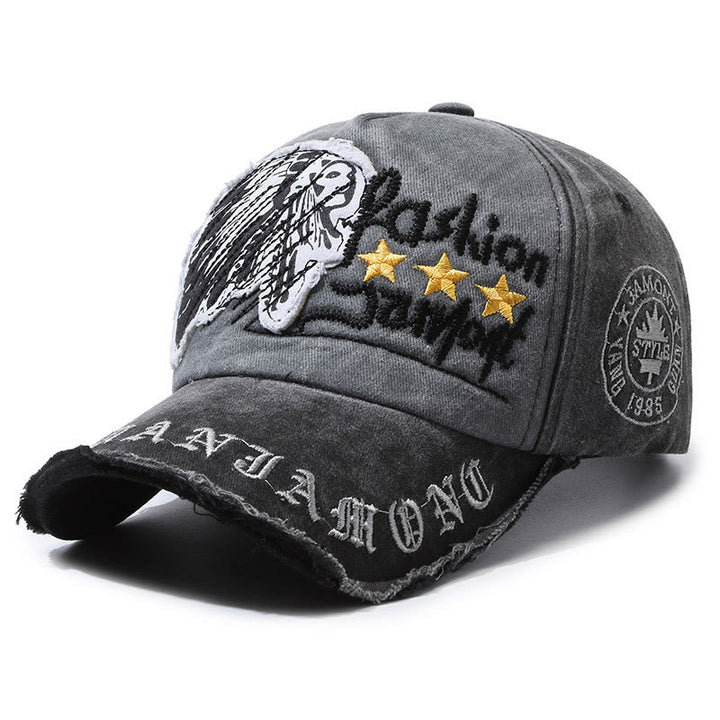 Worn-In Distressed Denim Embroidered Graphic Star Accent Multi Color Baseball Cap - Black - Adjustable (22''-23 5/8") - image 0