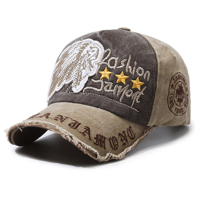 Worn-In Distressed Denim Embroidered Graphic Star Accent Multi Color Baseball Cap - Khaki - Adjustable (22''-23 5/8") - image 6