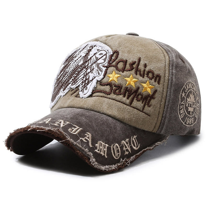 Worn-In Distressed Denim Embroidered Graphic Star Accent Multi Color Baseball Cap - Coffee Brown - Adjustable (22''-23 5/8") - image 5
