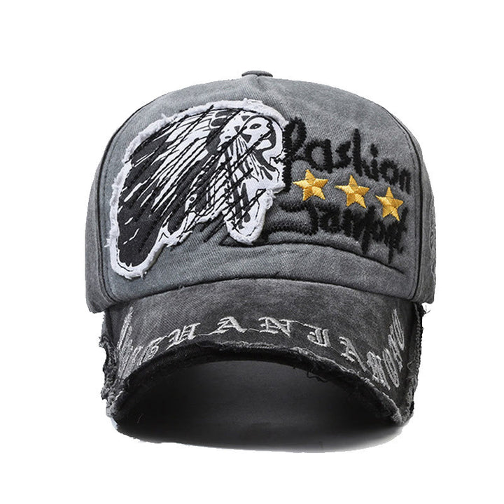 Worn-In Distressed Denim Embroidered Graphic Star Accent Multi Color Baseball Cap - image 1