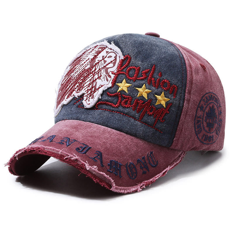 Worn-In Distressed Denim Embroidered Graphic Star Accent Multi Color Baseball Cap - Burgundy - Adjustable (22''-23 5/8") - image 7