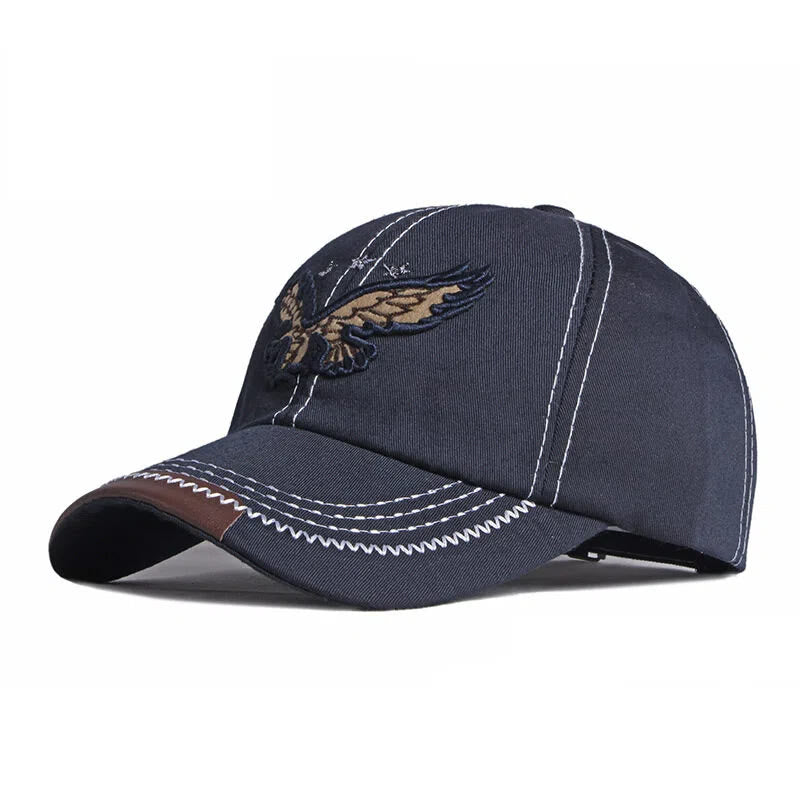 Eagle Embroidery Contrast Stitch Leather Trim Baseball Cap - Navy Blue - Adjustable (21 5/8''-23 5/8") - image 3