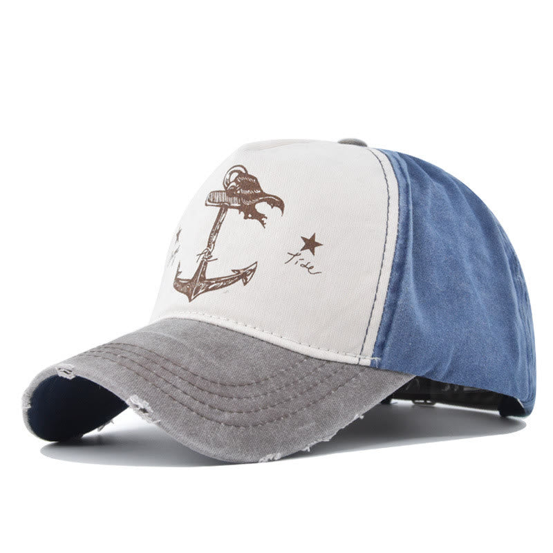 Distressed Two-Tone Anchor Print Frayed Brim Multi Color Baseball Cap - Style #6 - Adjustable (21 1/4''-23 5/8") - image 8