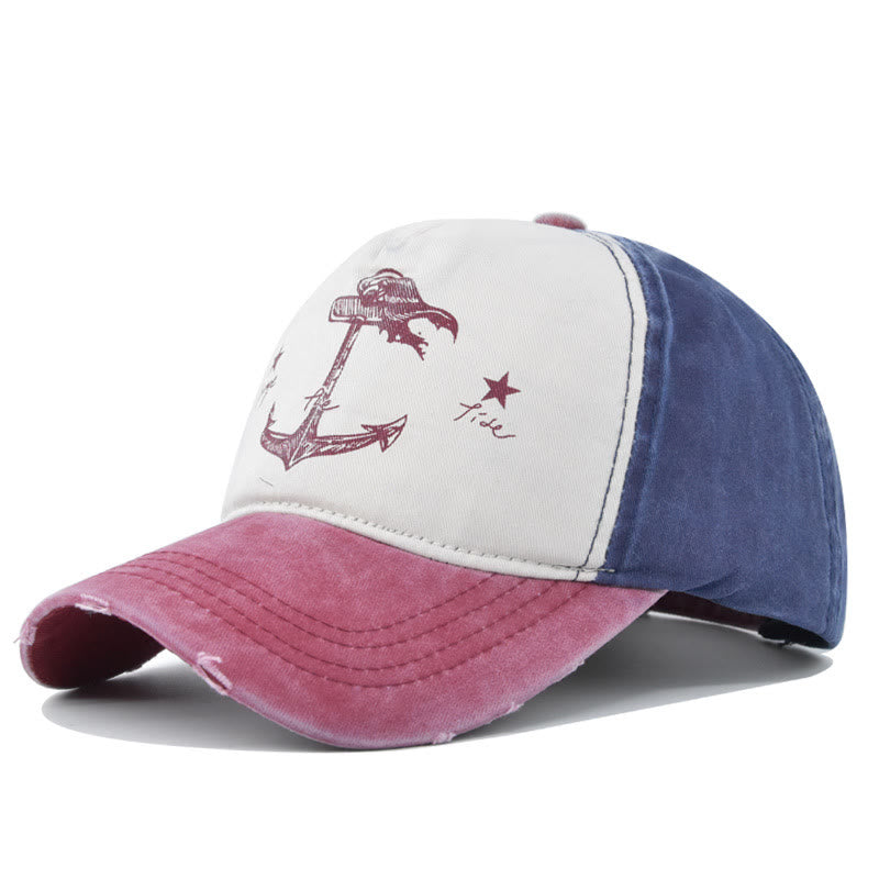 Distressed Two-Tone Anchor Print Frayed Brim Multi Color Baseball Cap - Style #3 - Adjustable (21 1/4''-23 5/8") - image 5