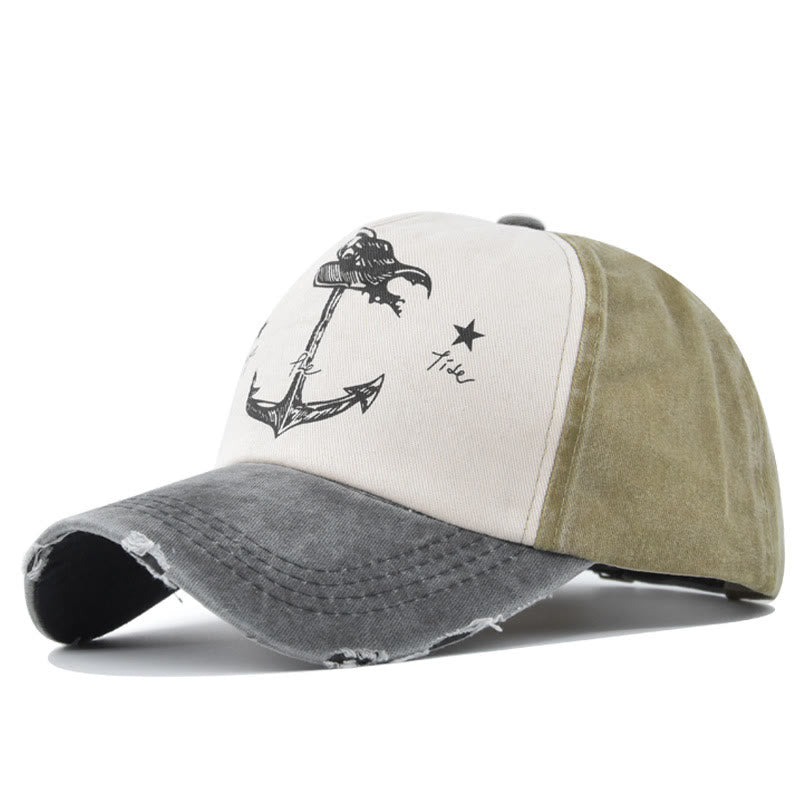 Distressed Two-Tone Anchor Print Frayed Brim Multi Color Baseball Cap - Style #4 - Adjustable (21 1/4''-23 5/8") - image 6