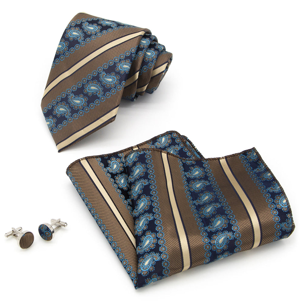 3Pcs Men's Brown Stripes & Navy Paisley Necktie Set - image 1