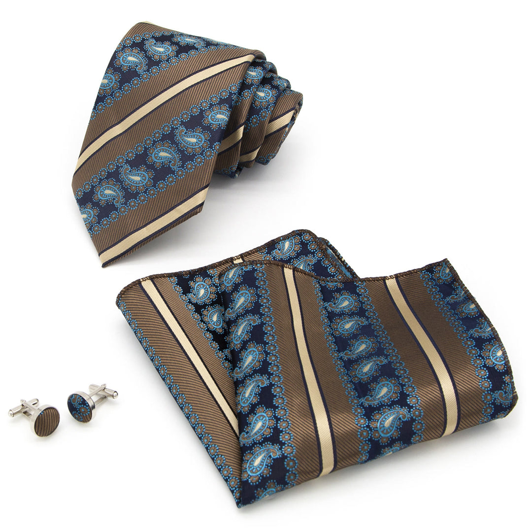 3Pcs Men's Brown Stripes & Navy Paisley Necktie Set - image 1