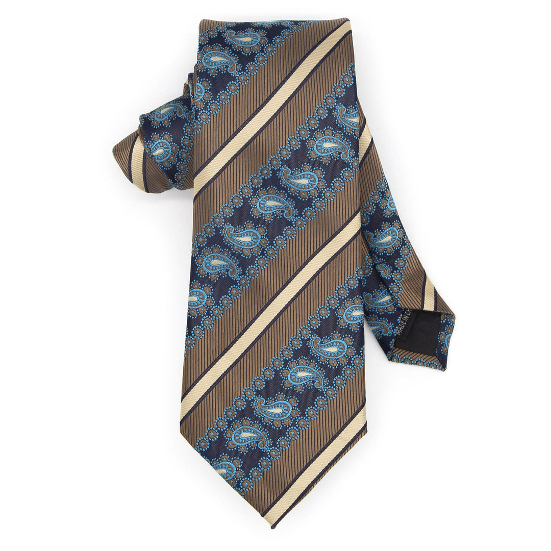 3Pcs Men's Brown Stripes & Navy Paisley Necktie Set - image 3