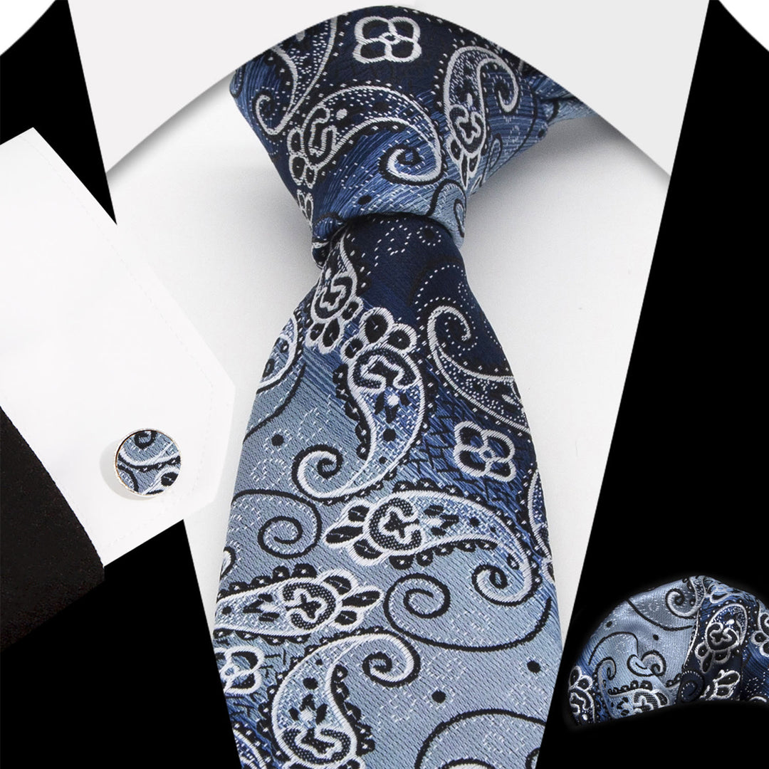 3Pcs Men's Blue Gradient Paisley Pattern Necktie Set - Blue - image 0