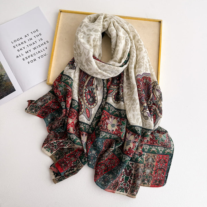 Women's Retro Patterned Lightweight Flowy Scarf - Off-white - image 0