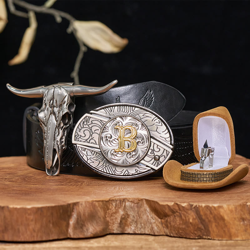 Initial Letter DIY Hidden Knife Belt Buckle Bull Head Pendant Ring Bundle Set - B - Black Embossed Eagle Belt (40) - image 0
