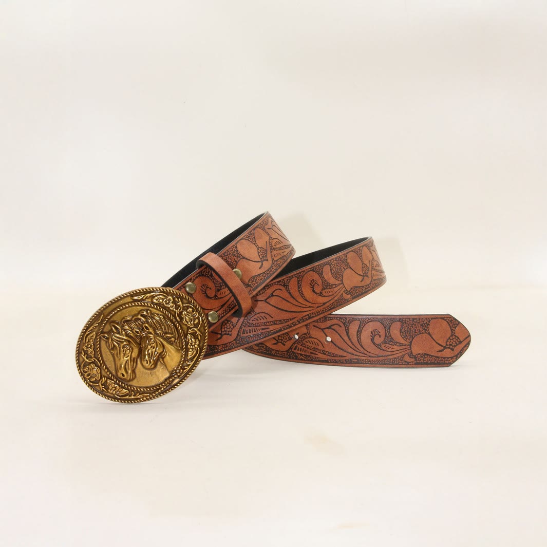 Men's Western Style Double Horsehead Buckle Embossed Leather Belt - image 3