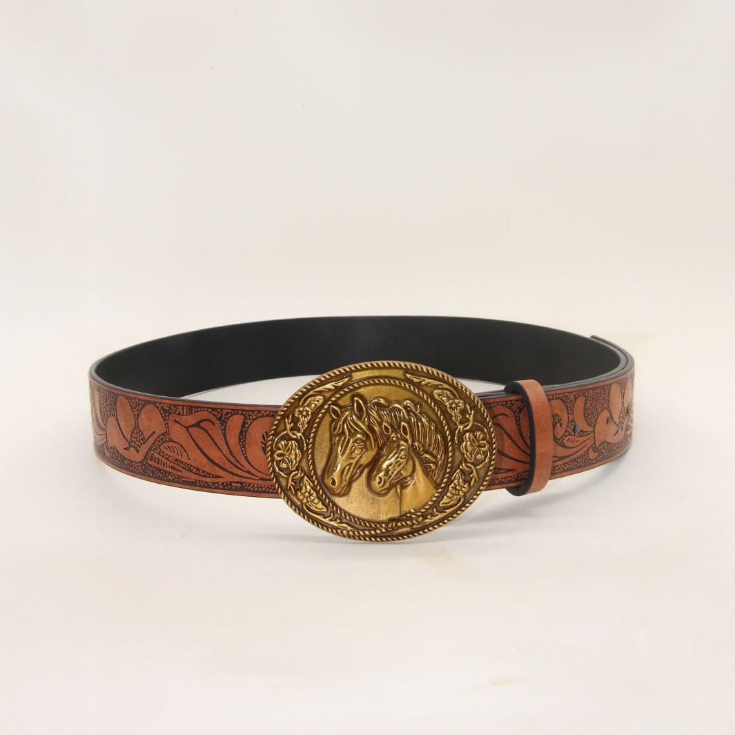 Men's Western Style Double Horsehead Buckle Embossed Leather Belt - image 2