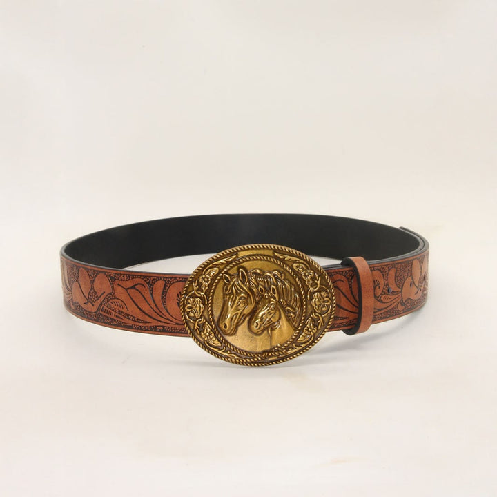 Men's Western Style Double Horsehead Buckle Embossed Leather Belt - image 2